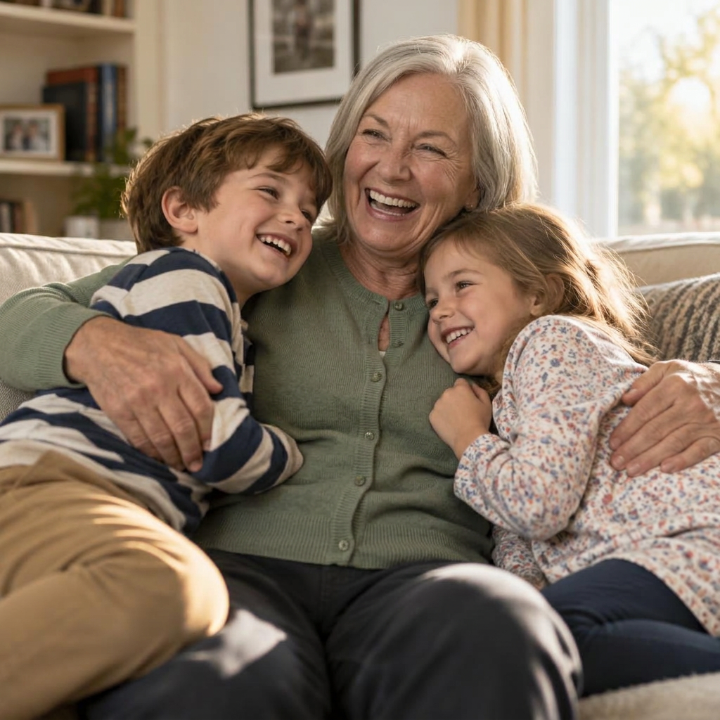 Grandmother laughing and hugging her grandchildren