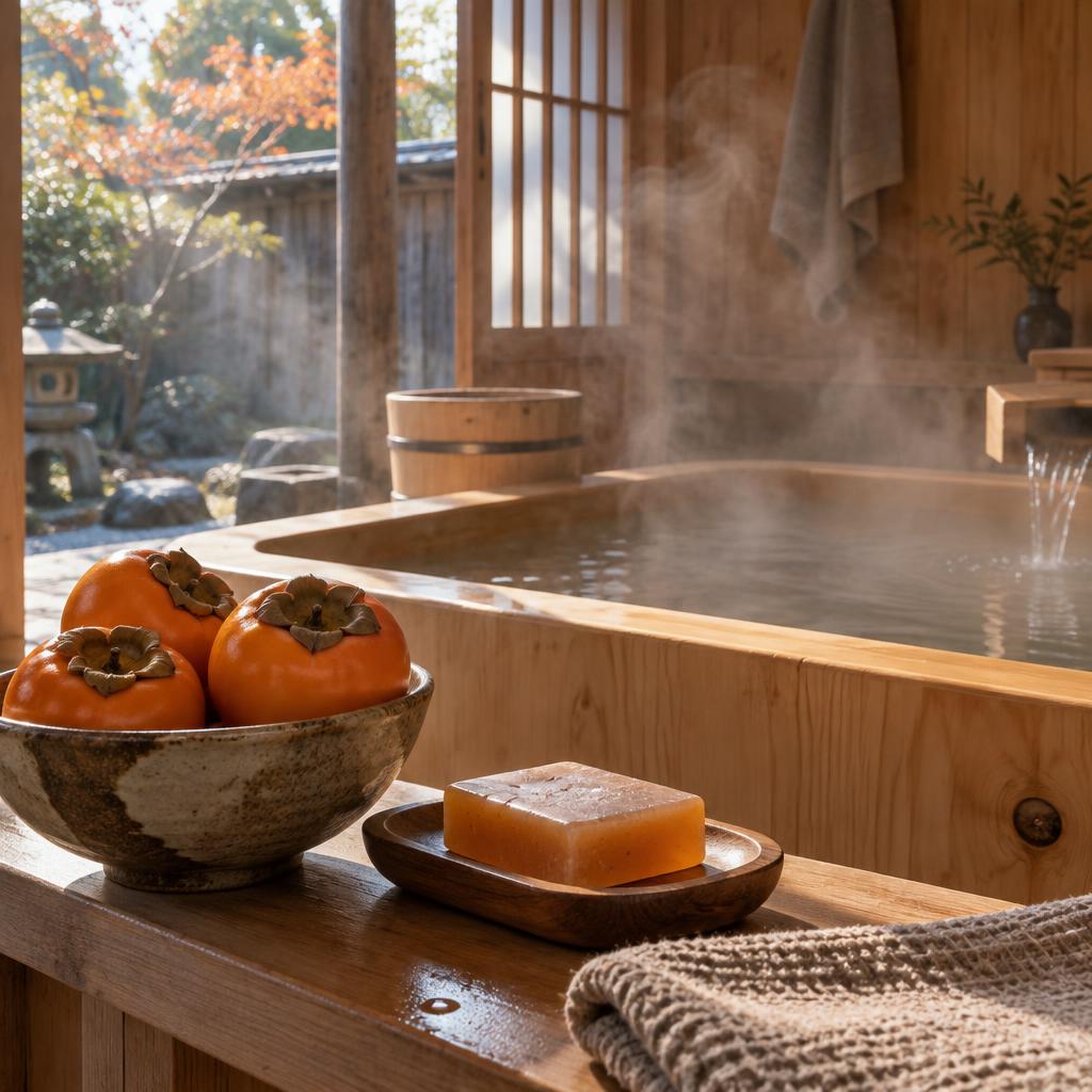 Japanese wooden bath with persimmons and an amber soap bar