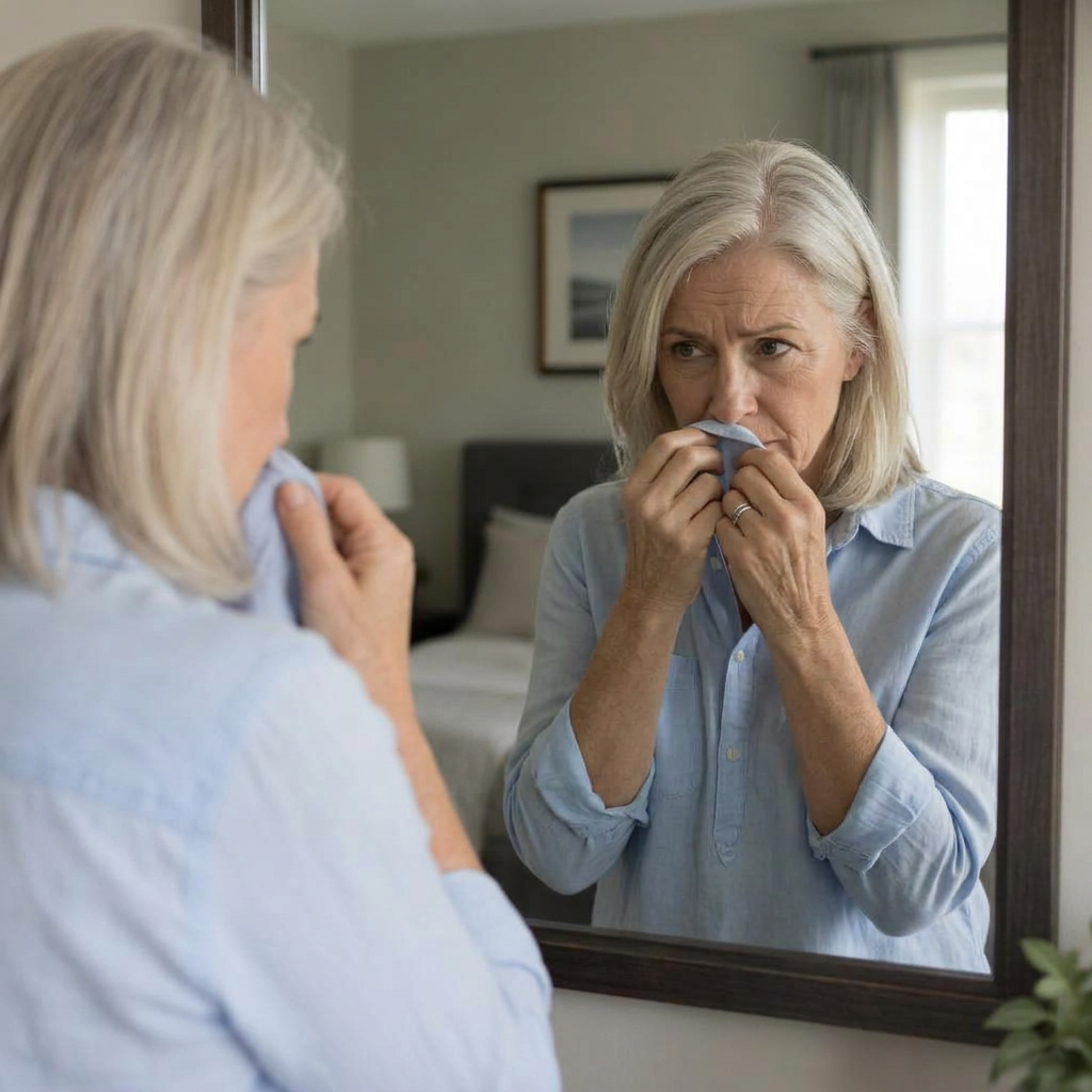 Woman over 50 discreetly checking the collar of her blouse