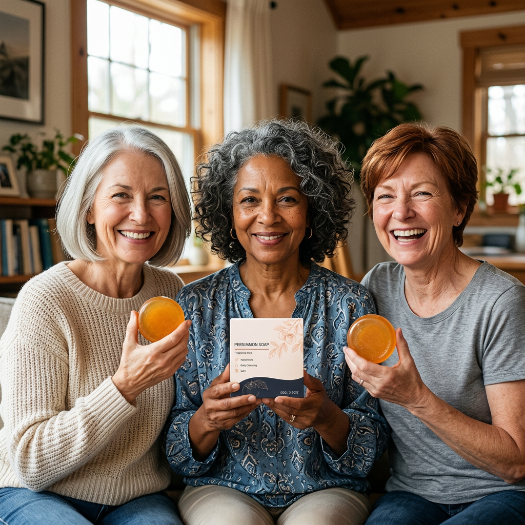 Illustrative photo of women holding persimmon soap and its box